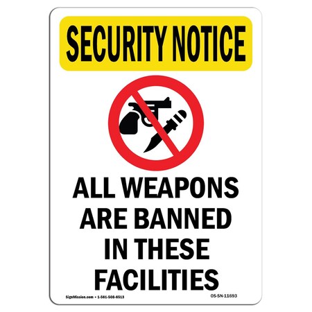 Signmission OSHA Security Sign, 18" H, 12" W, Rigid Plastic, All Weapons Are Banned, Portrait, SN-P-1218-V-11693 OS-SN-P-1218-V-11693